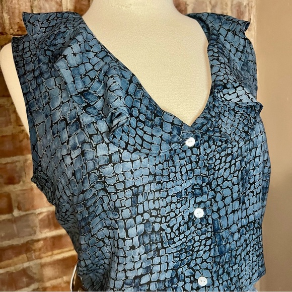 Vintage Snakeskin Blue Ruffle Sleeveless Top/Tank -Size L -TP20 - Picture 4 of 7